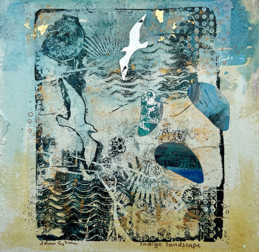 Indigo landscape, a limited edition print of gulls against an abstract landscape by Orkney artist Jane Glue
