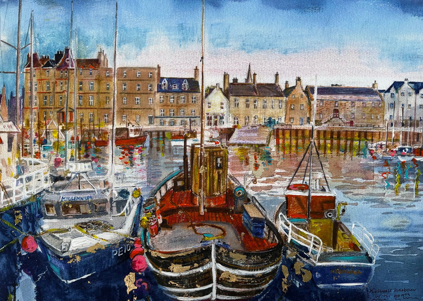 Hand finished print A3 size unframed/Kirkwall harbour with boats