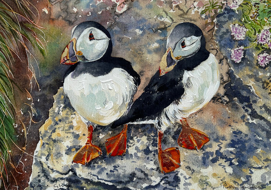 Hand finished print A4 size unframed/Puffin twins