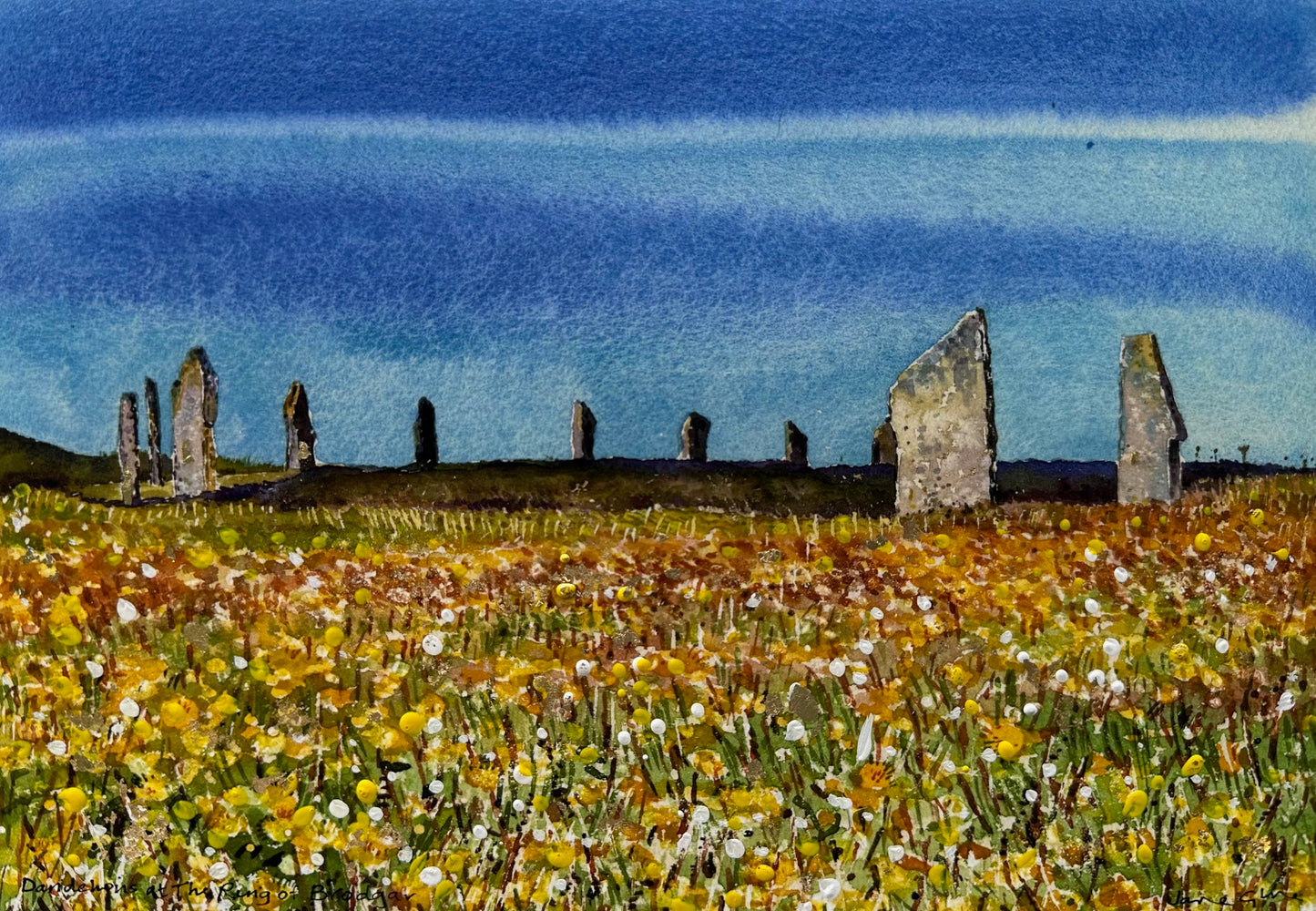 Hand finished print A4 size unframed/Dandelions at The Ring of Brodgar