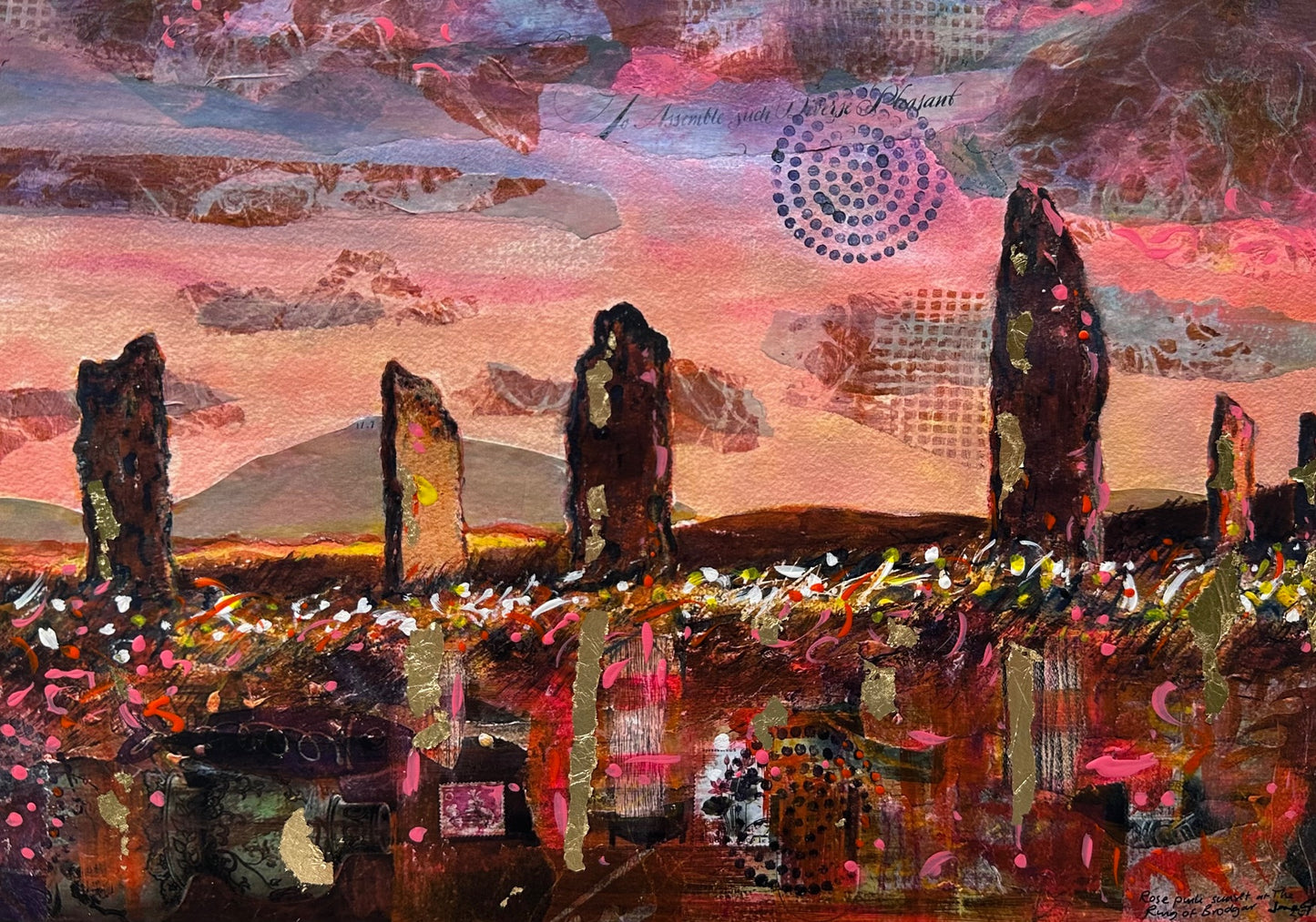 Hand finished print A4 size unframed/Rose pink sunset at The Ring of Brodgar