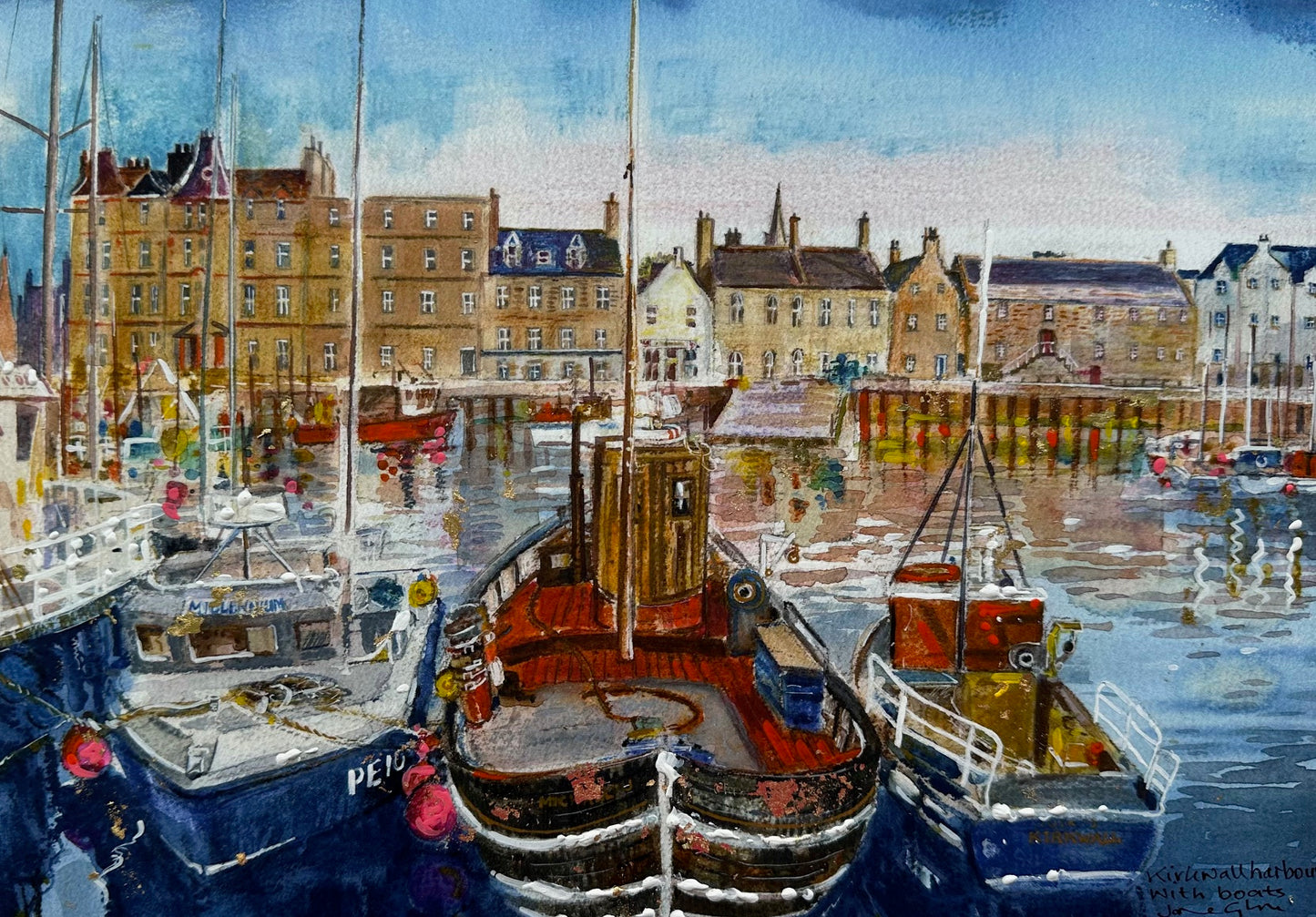 Hand finished print A4 size unframed/Kirkwall harbour with boats