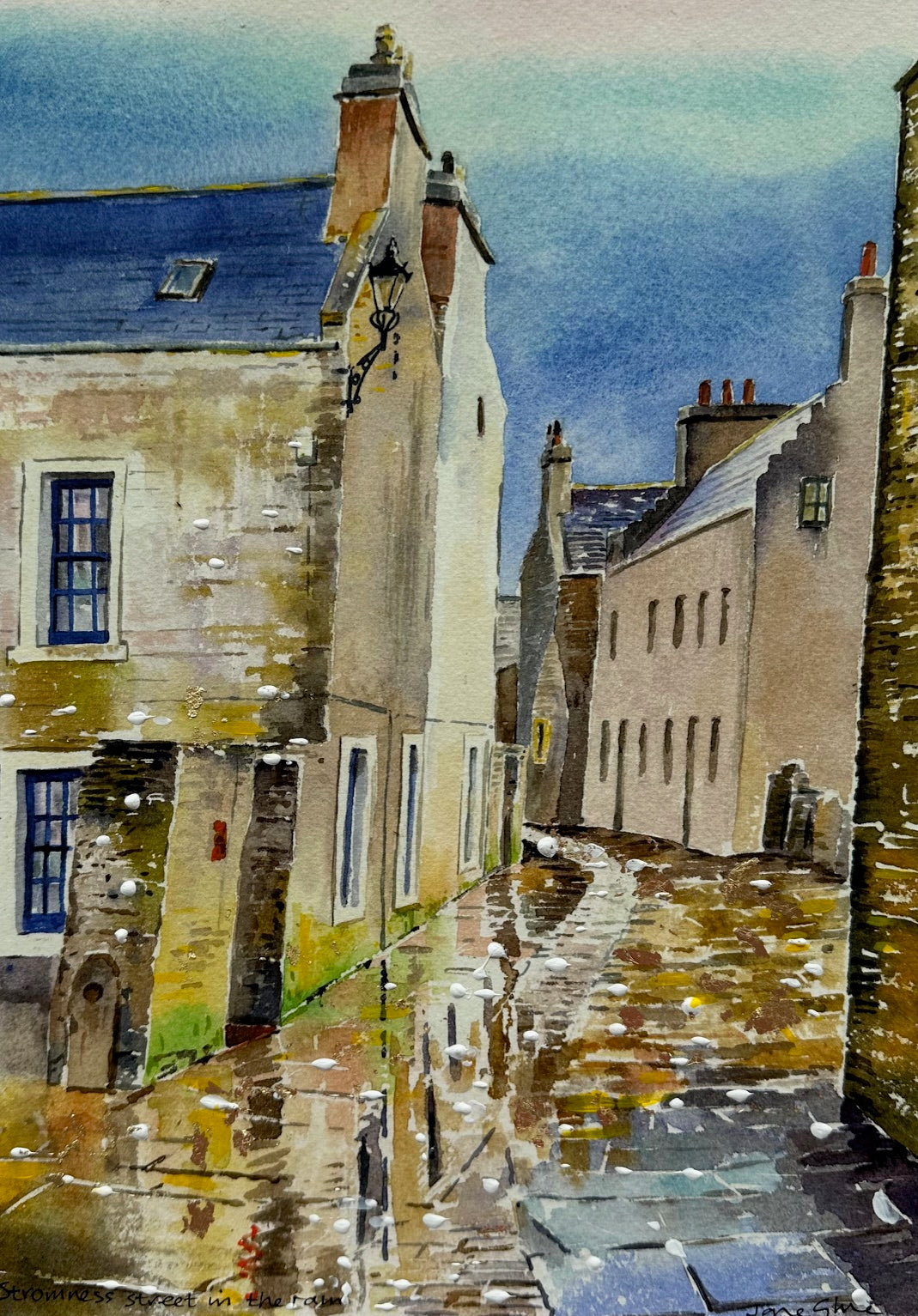 Hand finished print A4 size unframed/Stromness street in the rain