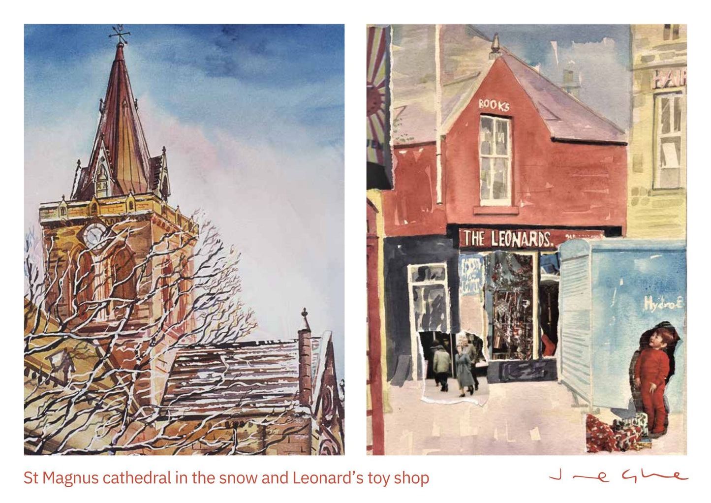 Orkney calendar 2025 two watercolour and mixed media paintings of St Magnus cathedral in the snow and The Old Leonards toy shop and hydro electric van in Kirkwall by Orkney artist Jane Glue Scotland 