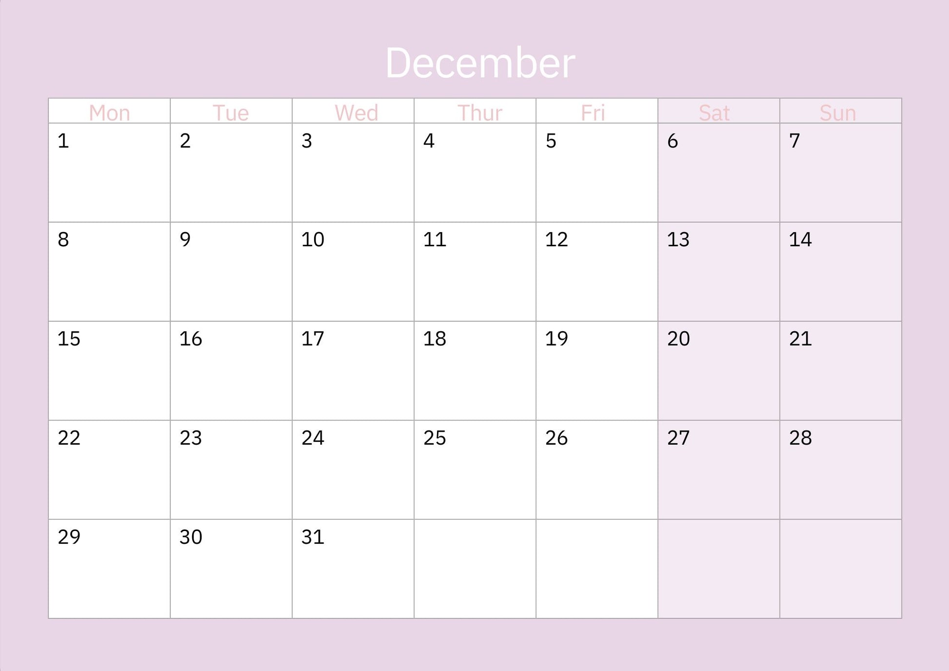 Orkney calendar 2025 December dates page