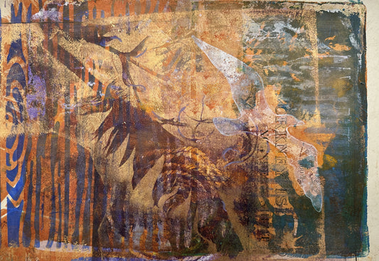 Original painting framed/Golden landscape with white gull