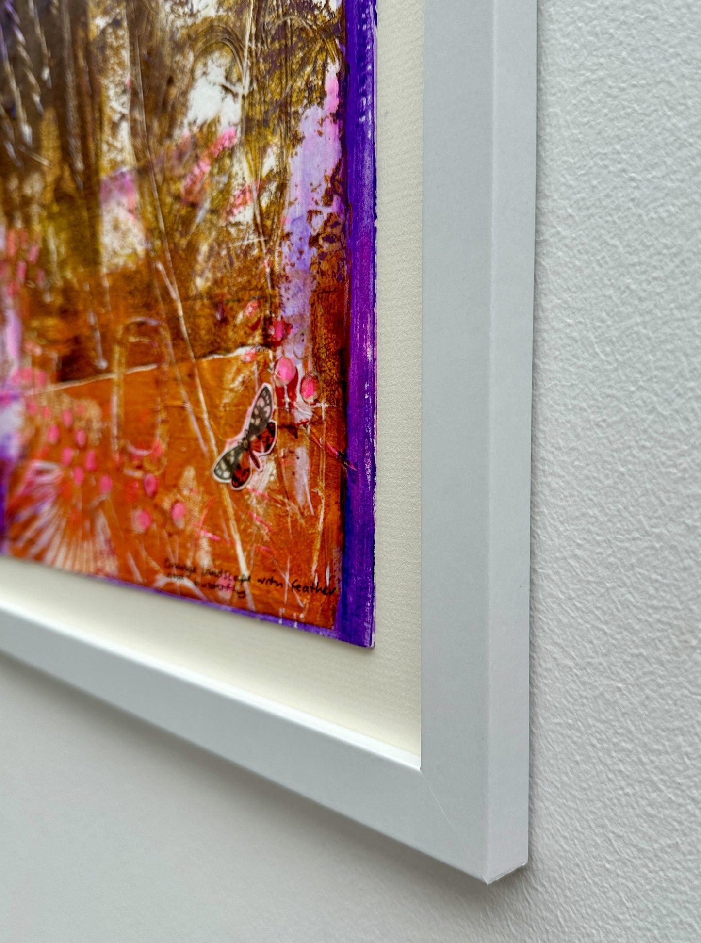 Original painting/Orange landscape with feather and butterfly