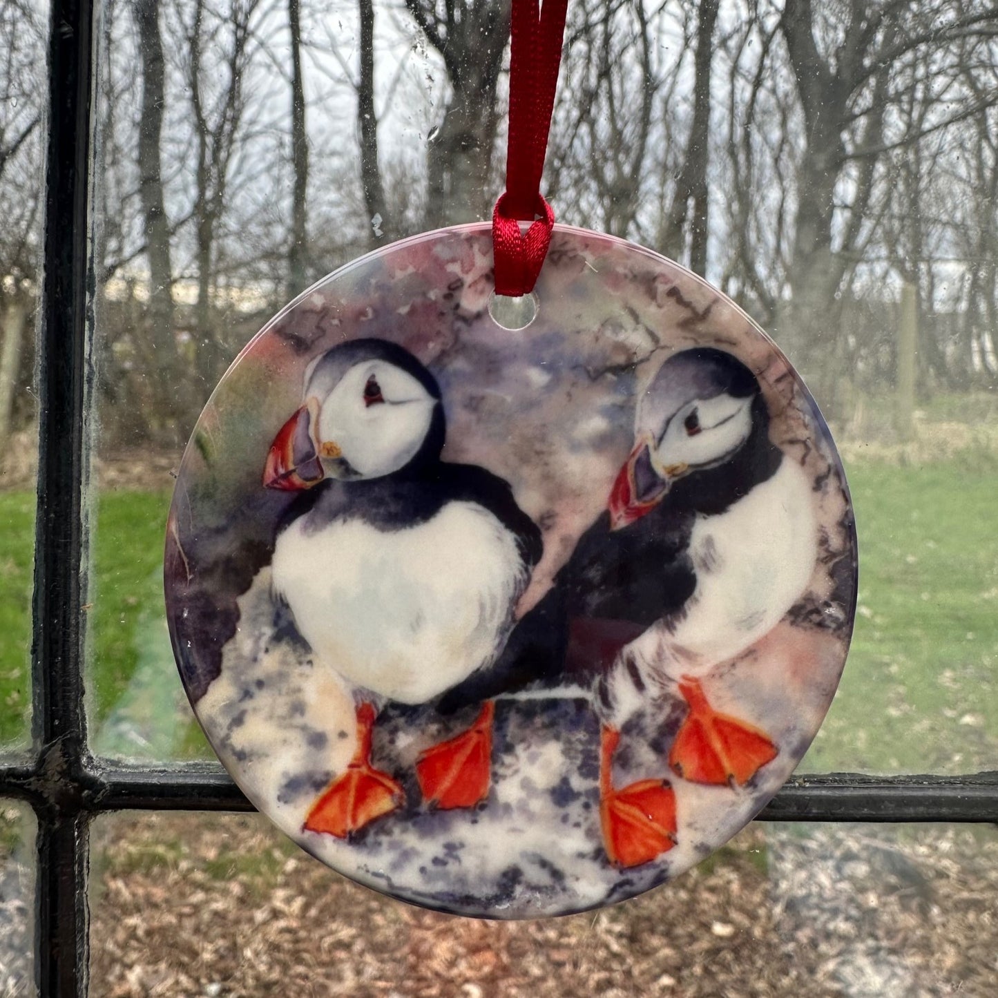 Small round hanging ornament/Puffin twins