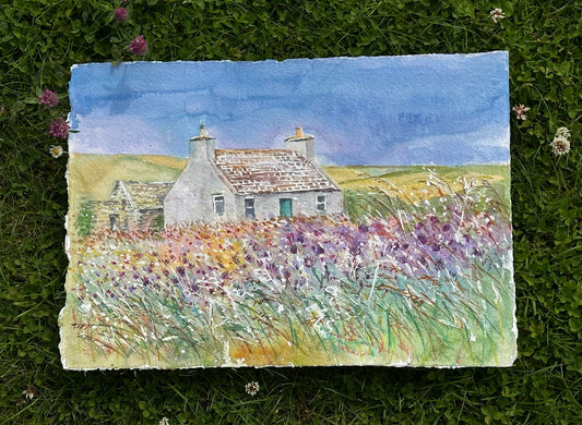 NEW! Original watercolour painting/Cottage and purple thistles, Westray