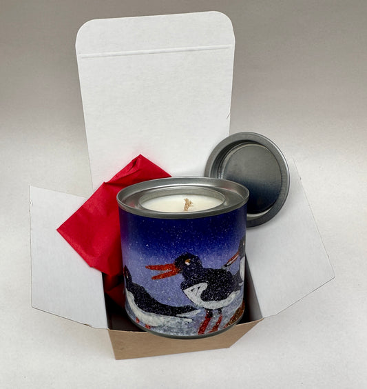 Small candle in a tin/Five Oystercatchers standing on the shoreline