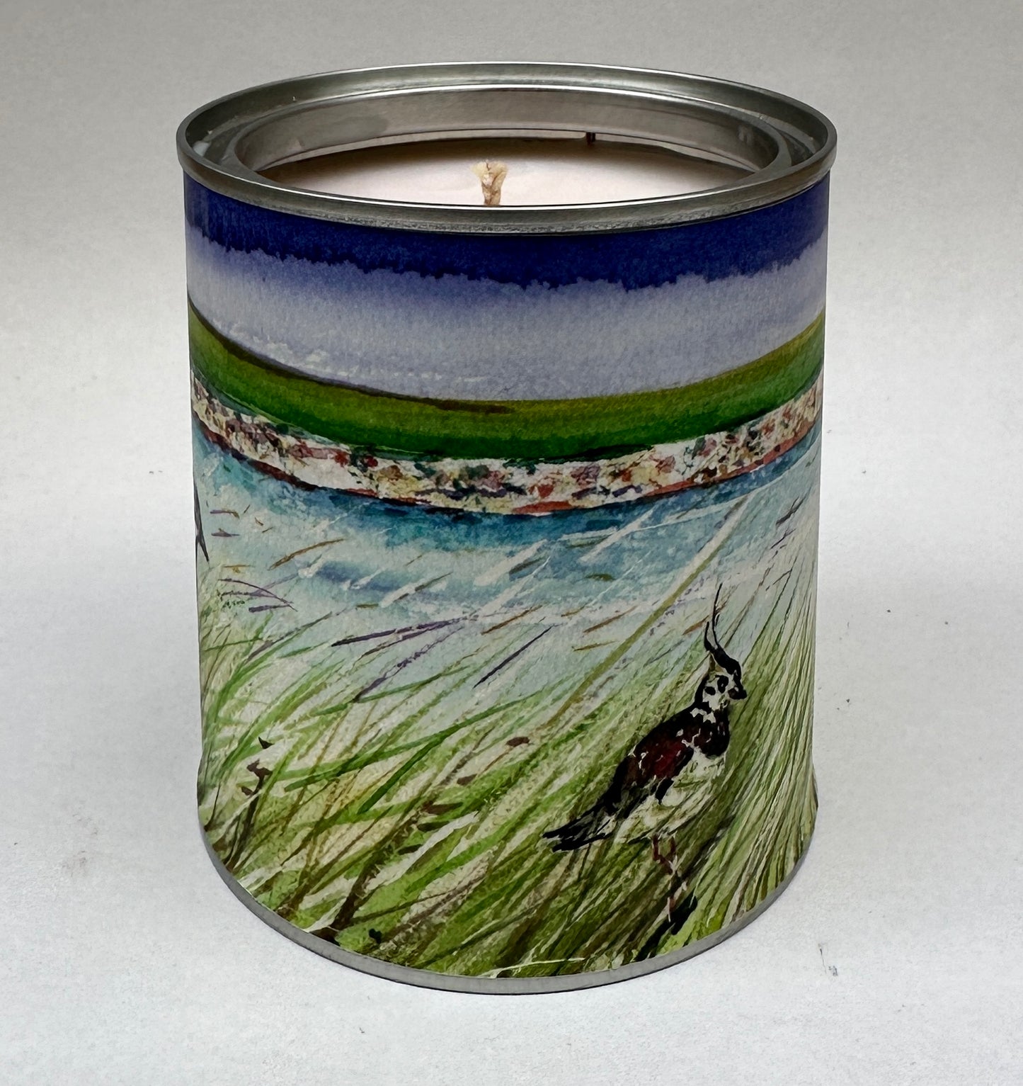 Large candle in a tin/Lovely lapwings