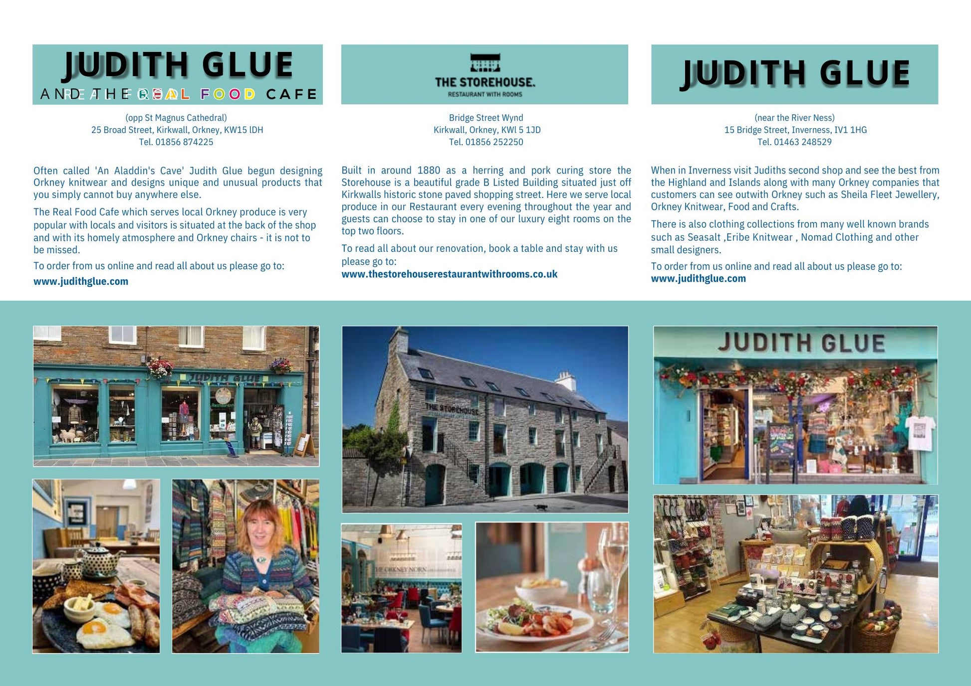 Inside cover of Jane Glue Orkney calendar 2025 calendar with photographs of Knitwear designer Judith Glue