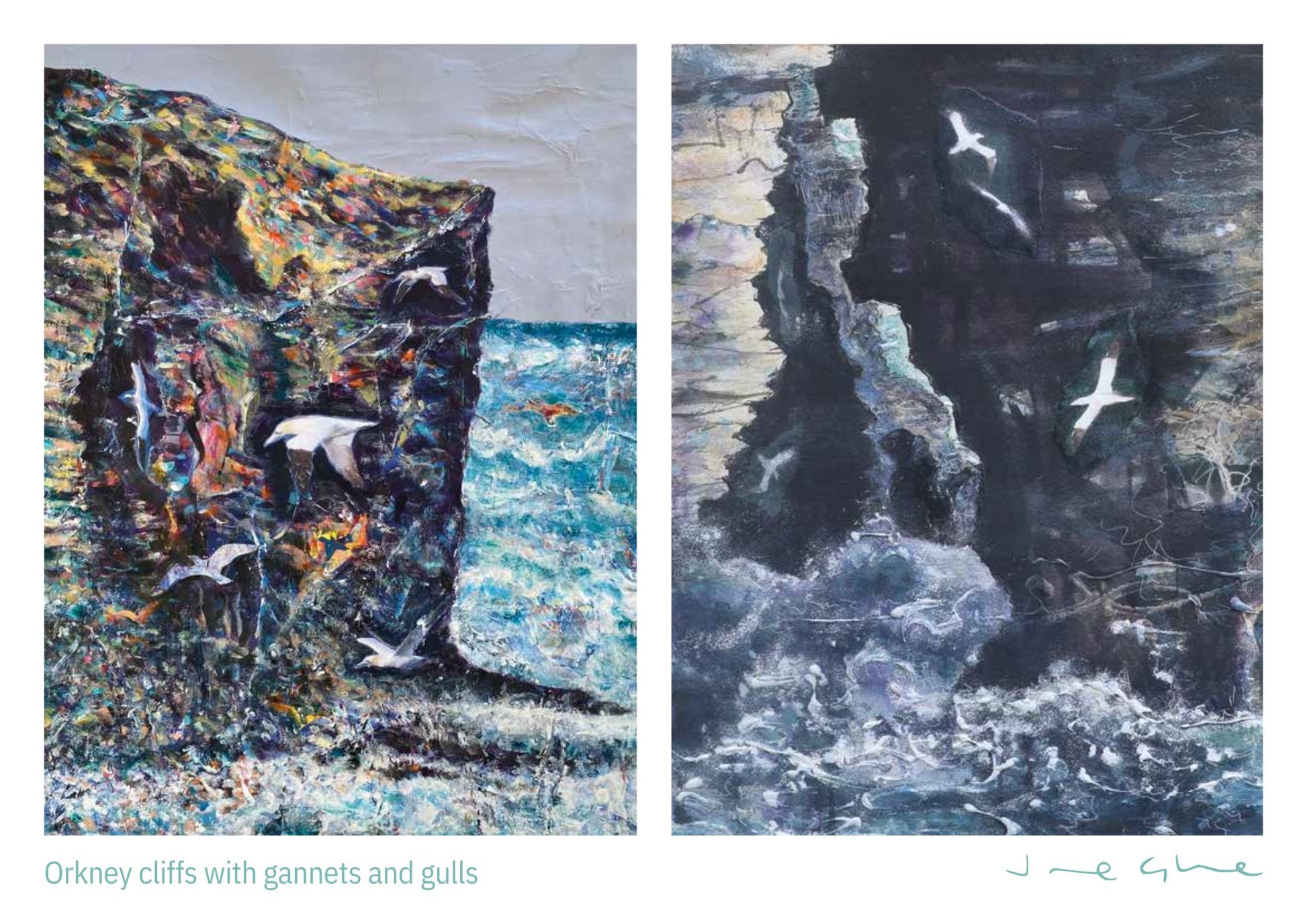 Orkney calendar 2025 pictures of seabirds, gannets in flight against Westray cliffs by Orkney artist Jane Glue Scotland