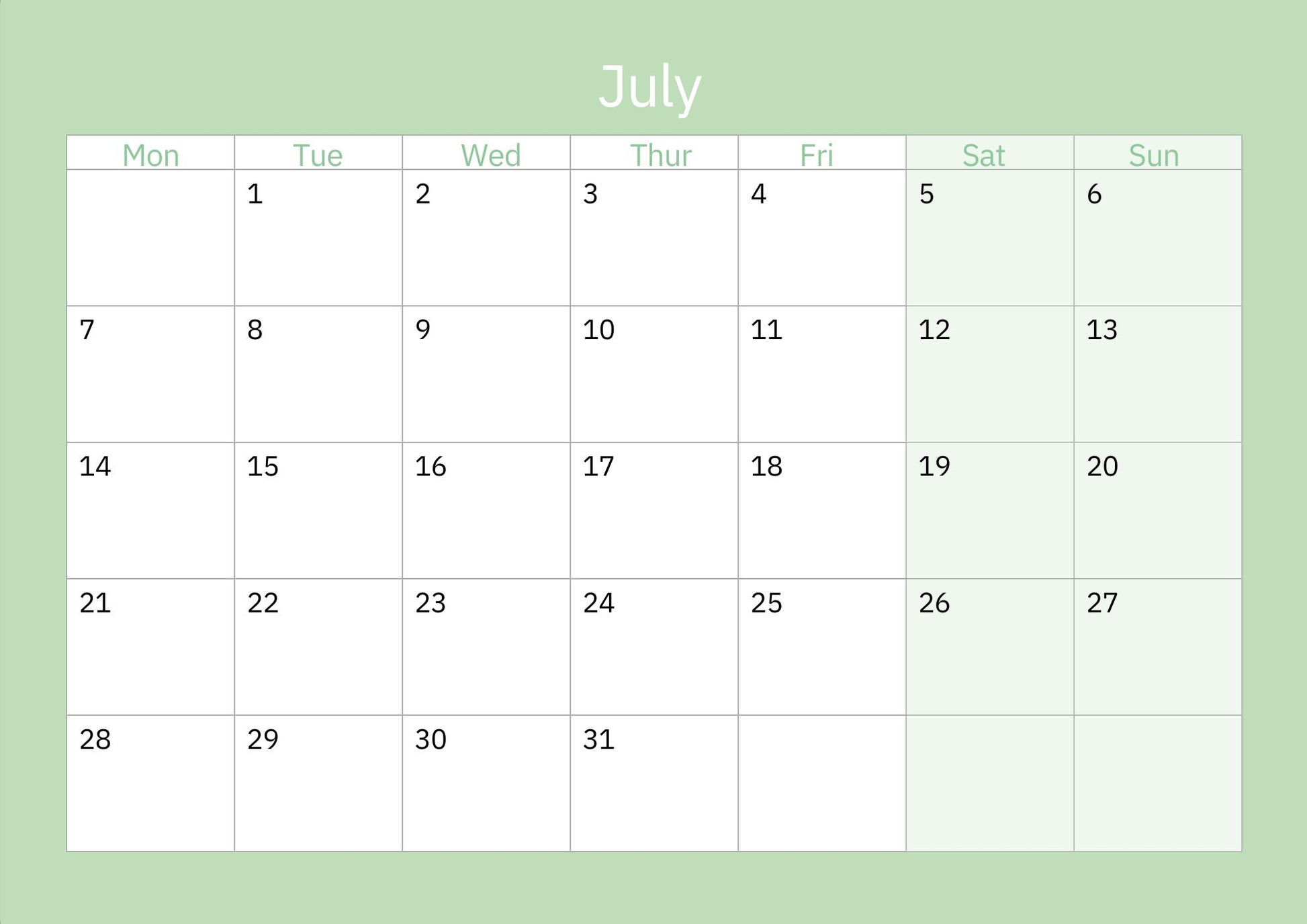 Orkney calendar 2025 July dates page
