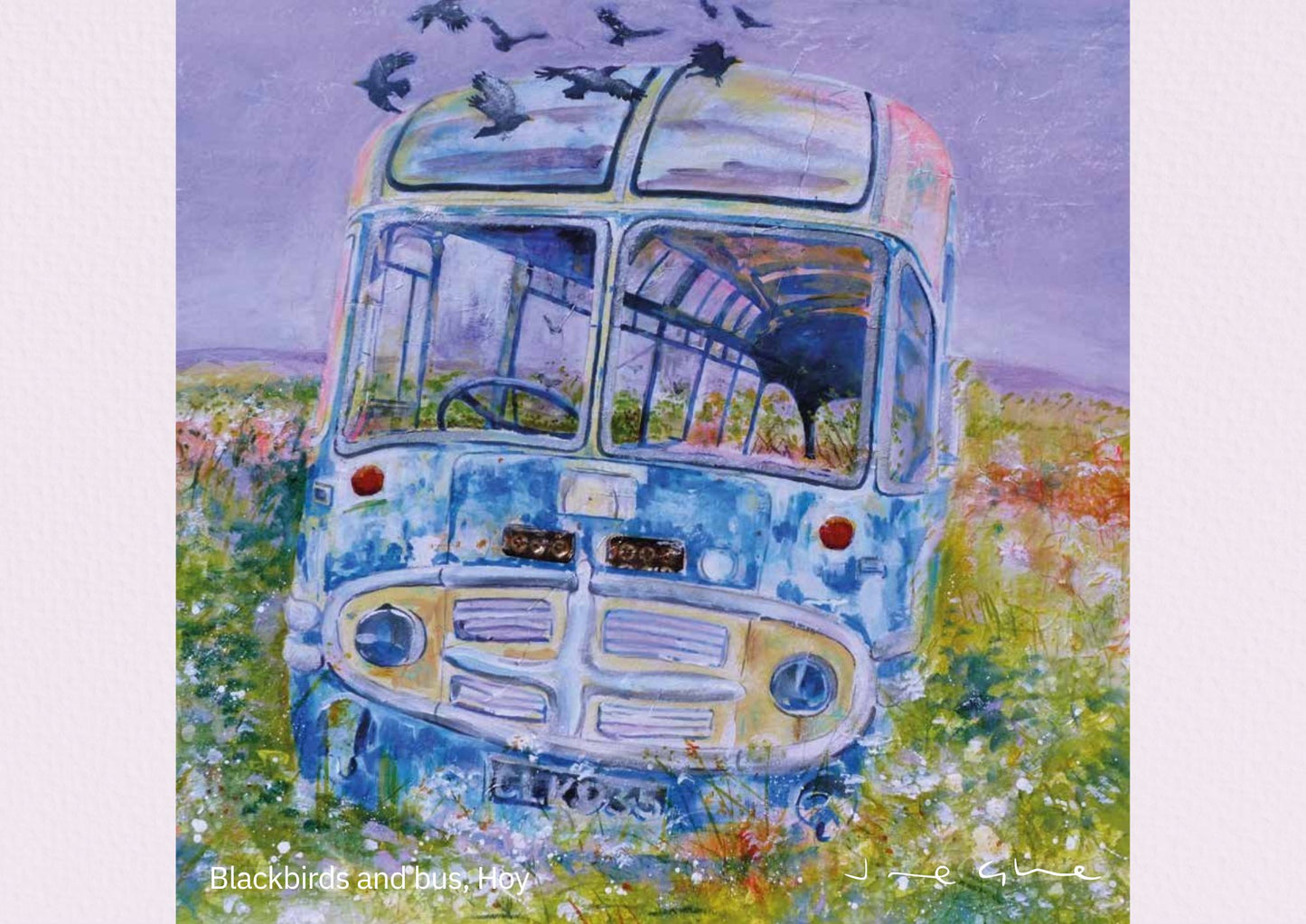 Orkney calendar 2025 mixed media painting of an old bus with blackbirds sat in a grassy field on the island of Hoy by Orkney artist Jane Glue Scotland
