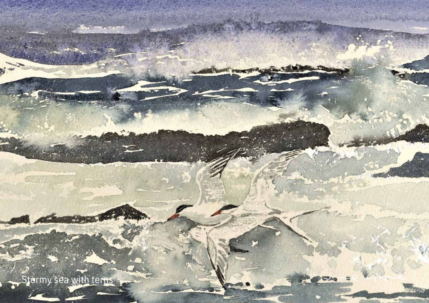 Orkney calendar 2025 March watercolour painting of two terns flying against a background of rough sea with waves by Orkney artist Jane Glue Scotland