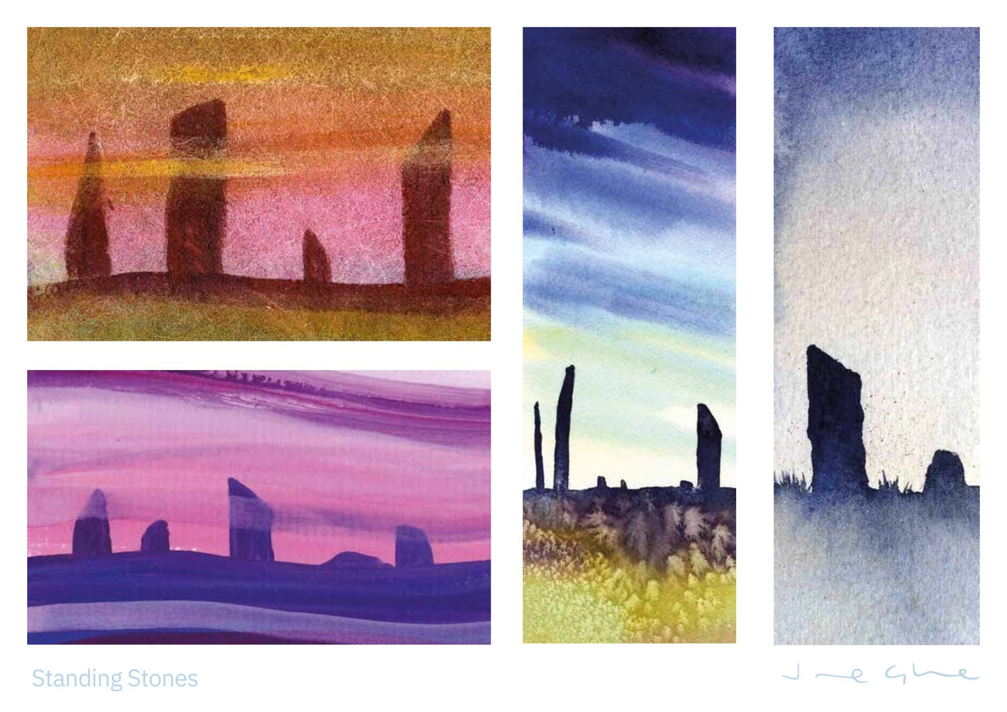 Orkney calendar 2025 May page with four watercolour paintings of THe Ring of Brodgar and The Standing stones by Orkney artist Jane Glue Scotland