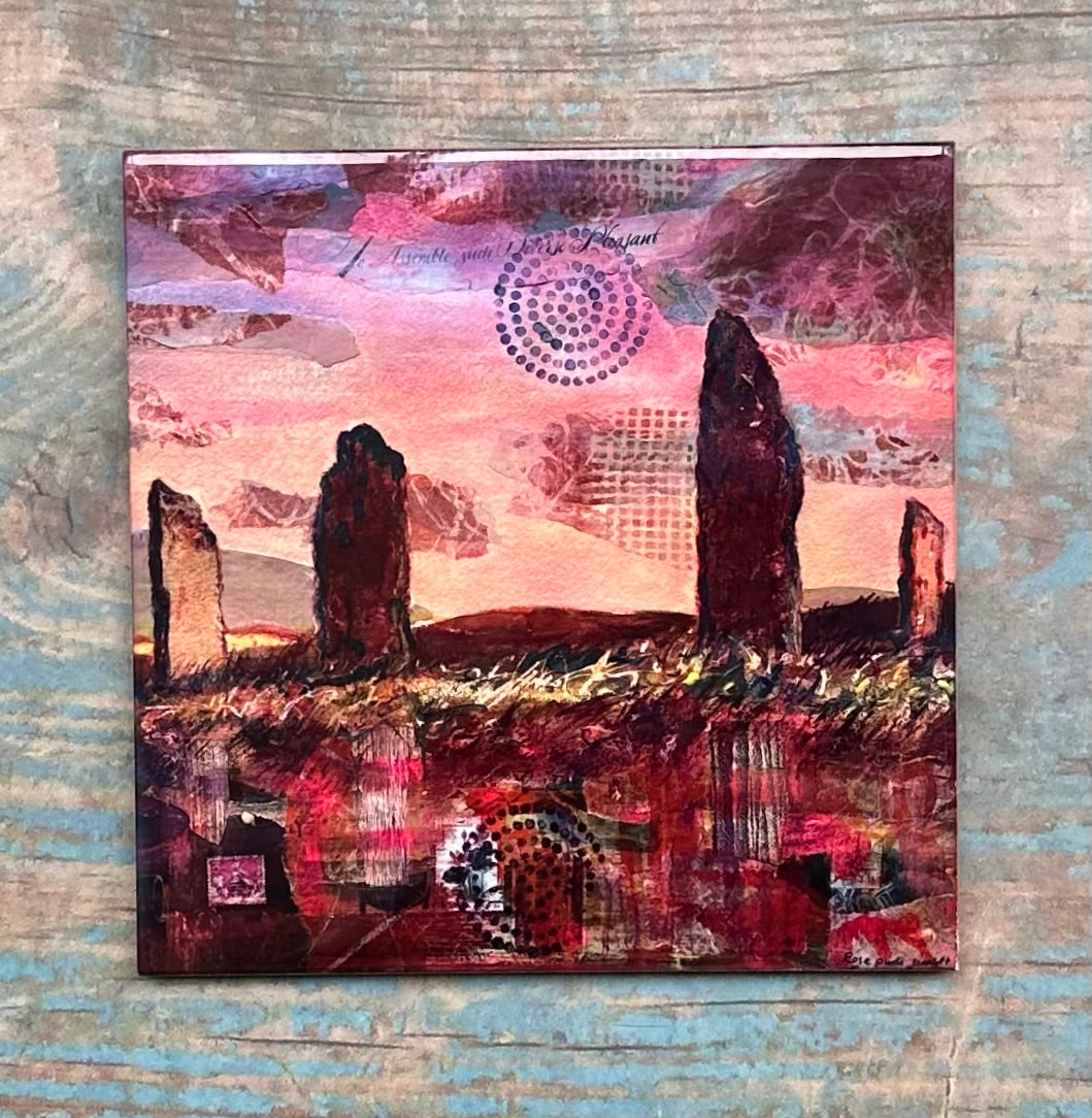 Medium ceramic tile/Rose pink sunset at The Ring of Brodgar