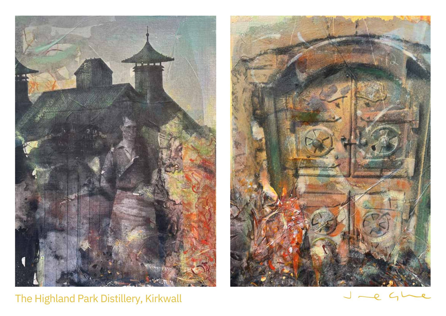 Orkney calendar 2025 two mixed media paintings of The Highland Park Distillery by Orkney artist Jane Glue Scotland