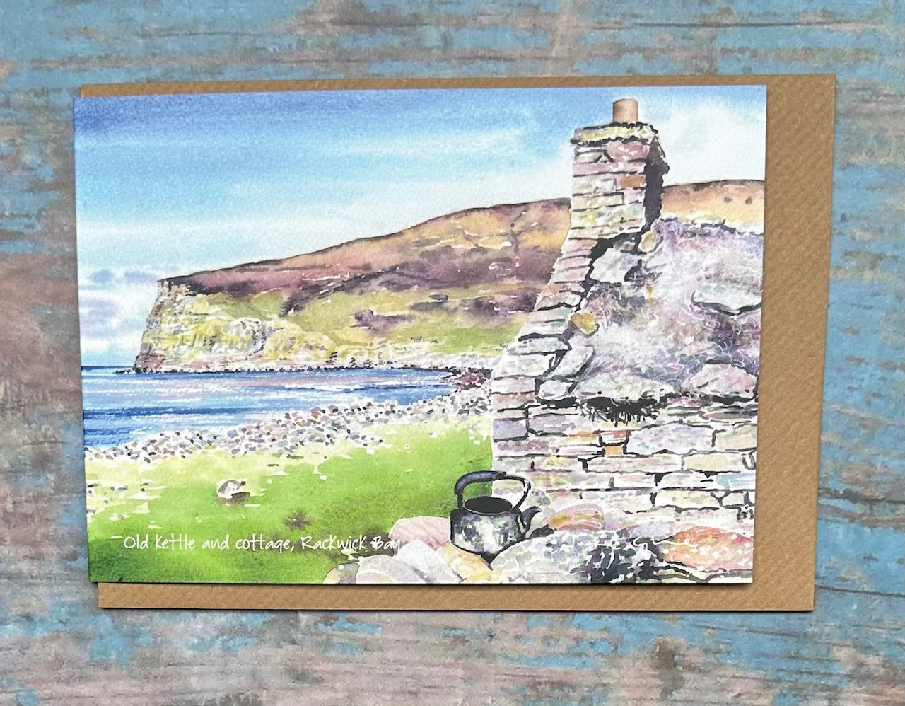 Card - Old kettle and cottage, Rackwick bay