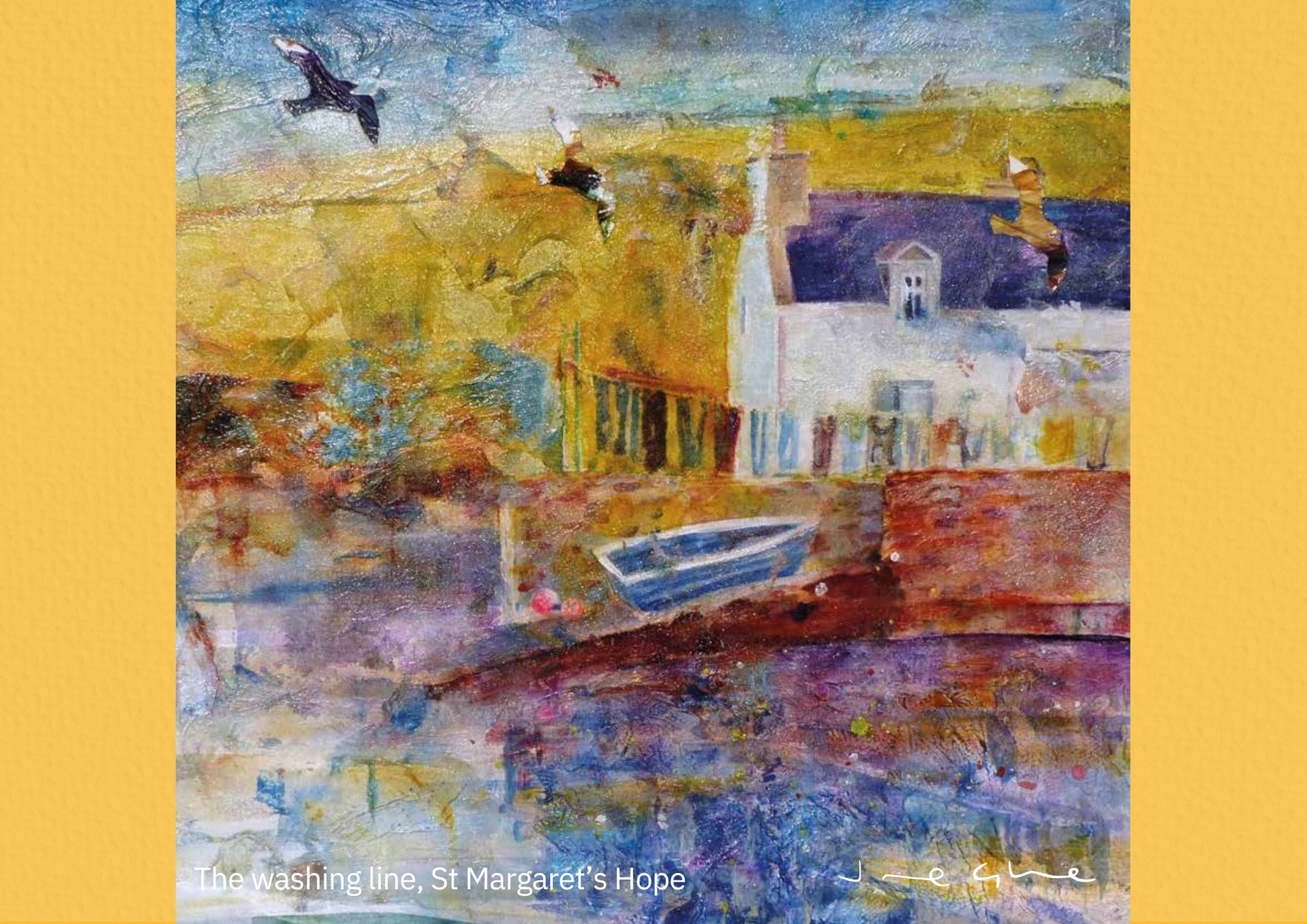 Orkney calendar 2025 September page with mixed media painting of St Margarets Hope village by the sea with washing line and fishing boat by Orkney artist Jane Glue