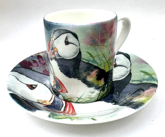 an expresso set of cup and saucer of orkney puffins
