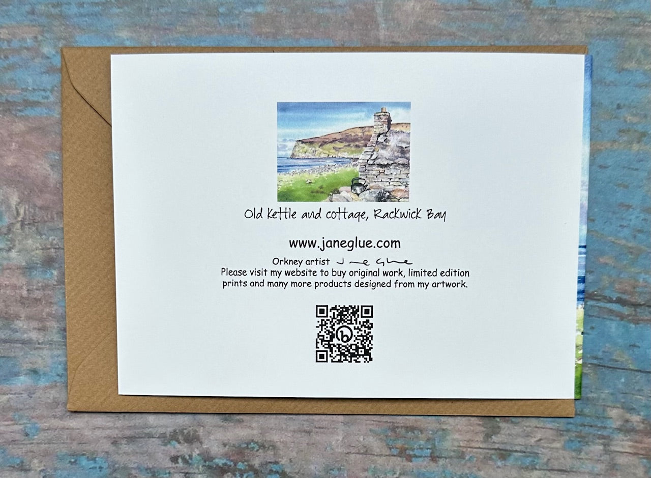 Card - Old kettle and cottage, Rackwick bay
