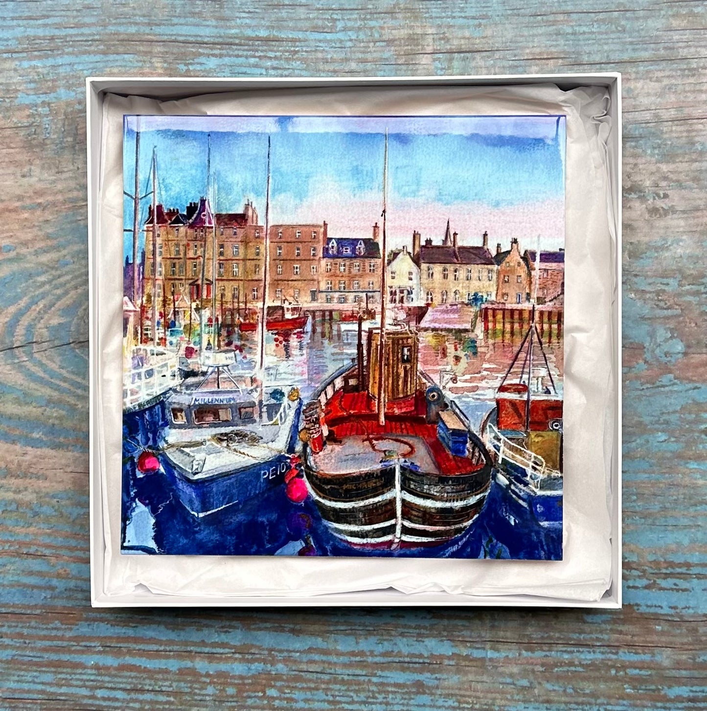 Large ceramic tile/Kirkwall harbour with boats