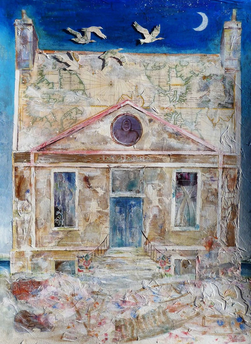 This is a mixed media painting of the Orkney arctic explorer Dr John Rae's house of birth in Stenness, Orkney, Scotland by Orkney artist Jane Glue. I imagined the house in the snow, full of memories from his life. The picture has an old map of Canada on the roof with a flock of geese passing over. In the window is John Rae and above the door is an image of a native inuit. In the foreground is John Rae's sledge and fiddle.
