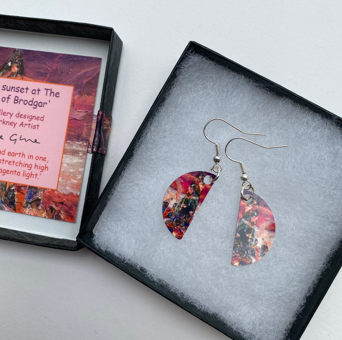 A pair of earrings, Wild sunset at The Ring of Brodgar, by Orkney artist Jane Glue, Scotland
