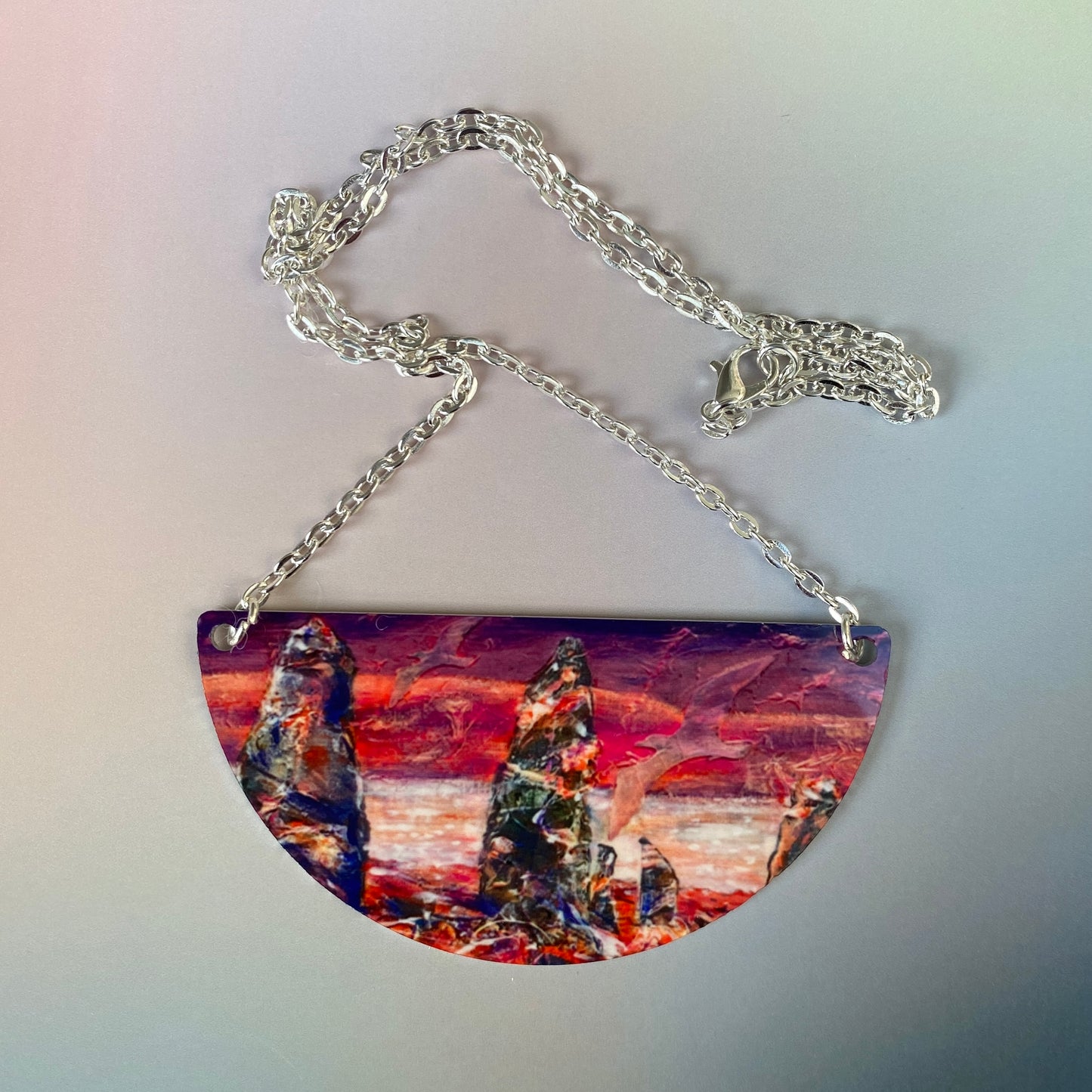 A pendant necklace design, Wild sunset at THe Ring of Brodgar by Orkney artist Jane Glue, Scotland