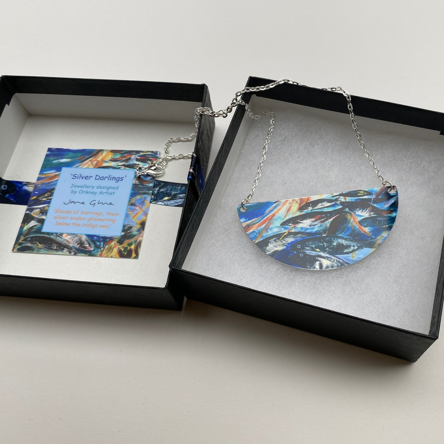 A necklace with Silver darlings design by Orkney artist Jane Glue, Scotland