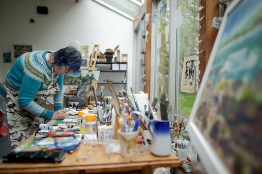 Orkney artist Jane Glue working in her studio at The Creative hub in Kirkwall