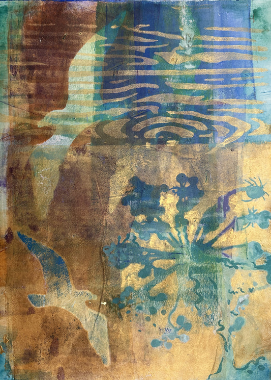 A limited edition print of an abstract image of a seascape with a gull and wildflowers in greens and blues with added gold by Orkney artist Jane Glue, Scotland