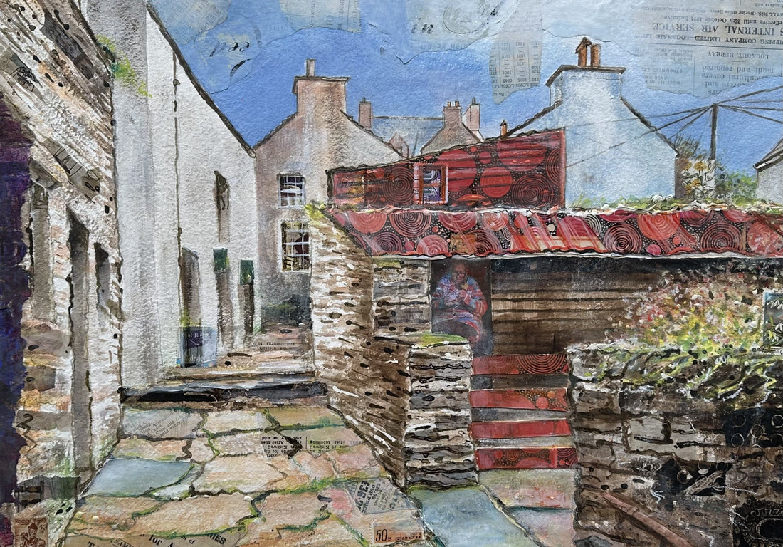 A mixed media image of a lane with houses and sheds by Orkney artist Jane Glue