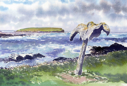 Whale bone at North Birsay, watercolour painting by Orkney artist Jane Glue