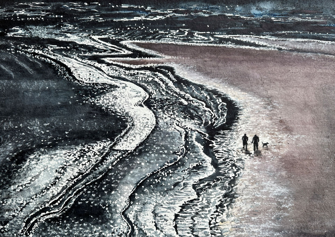 Winter light at Waulkmill bay in Orkney, a watercolour painting in dark blue and white which shows the waves rolling over the sand dunes in the bay by orkney artist Jane Glue.