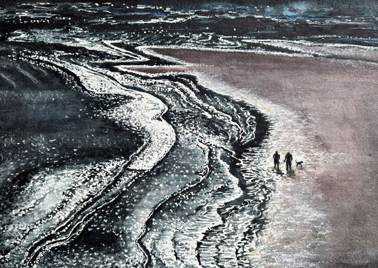 Winter light at Waulkmill bay in Orkney, a watercolour painting in dark blue and white which shows the waves rolling over the sand dunes in the bay by orkney artist Jane Glue.