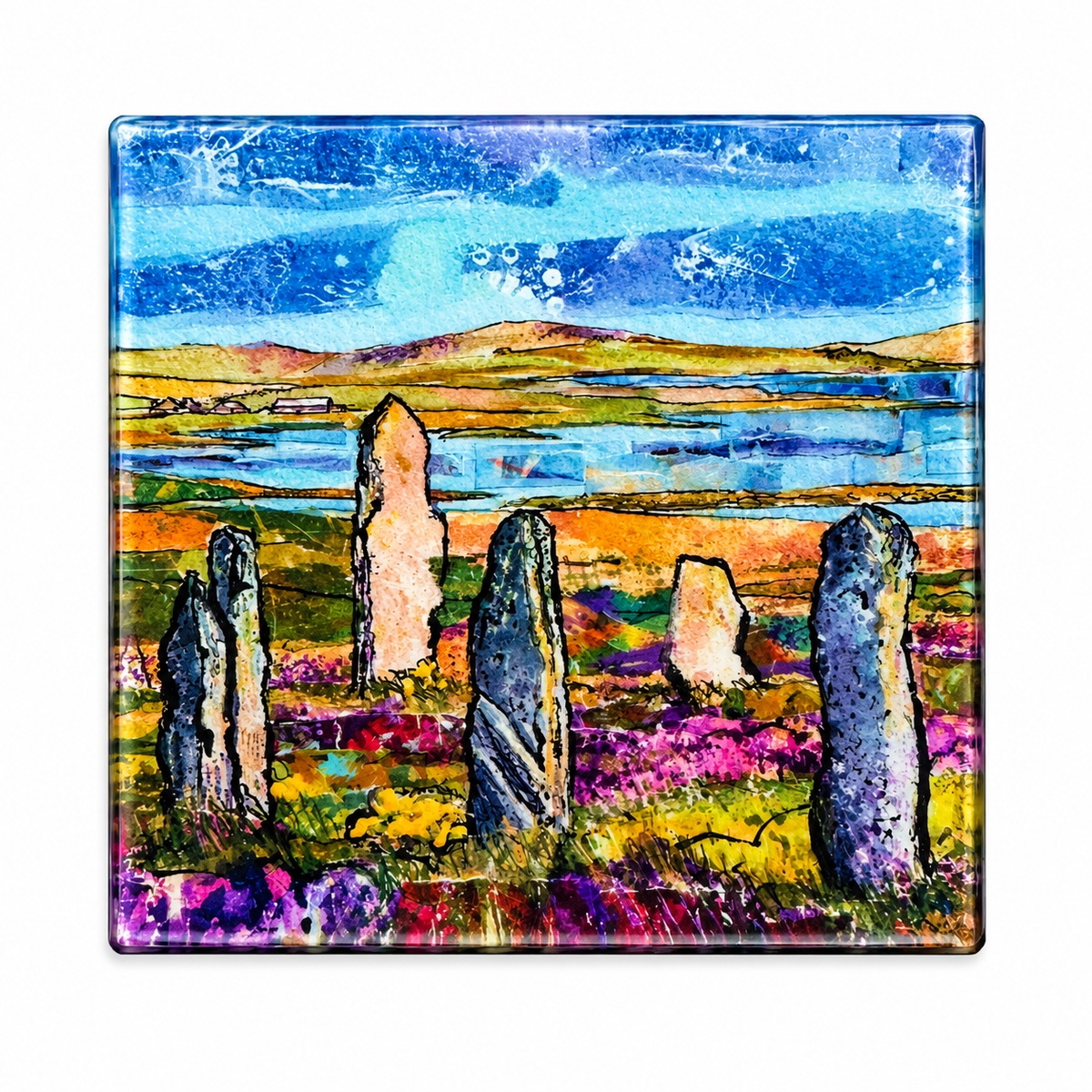 Glass coaster/Heather colours at The Ring of Brodgar
