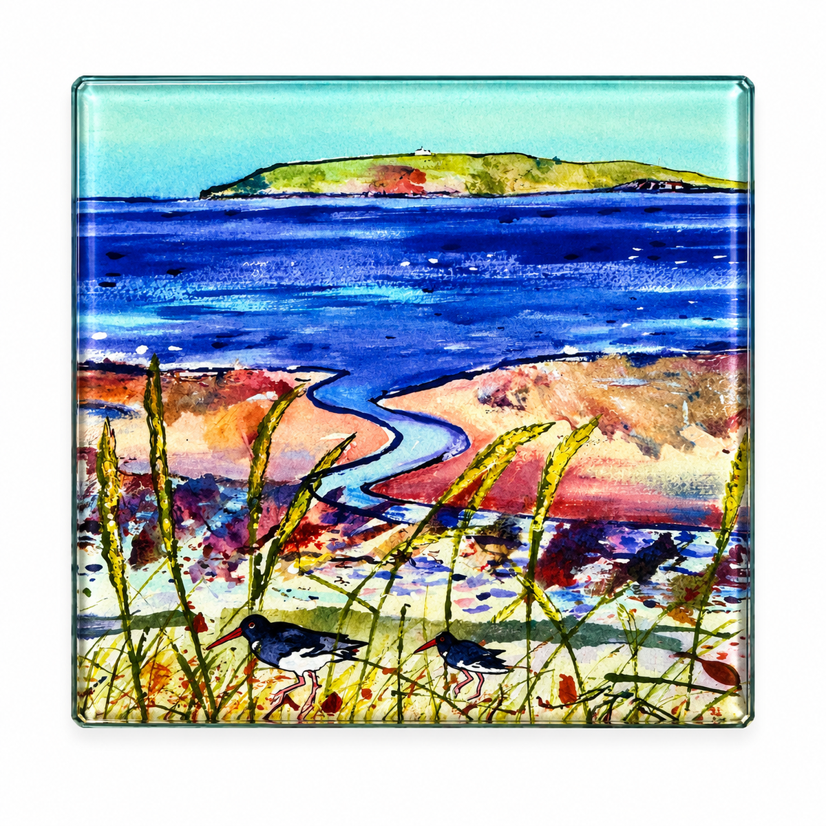 Glass coaster/Seagrass and Oystercatchers