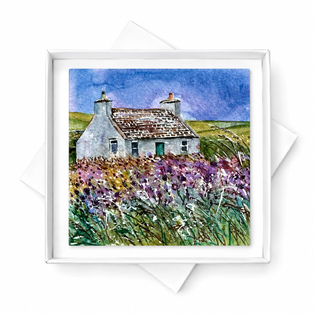 Small ceramic tile/Cottage and purple thistles, Westray