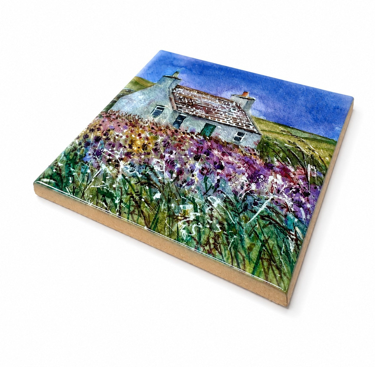 Small ceramic tile/Cottage and purple thistles, Westray