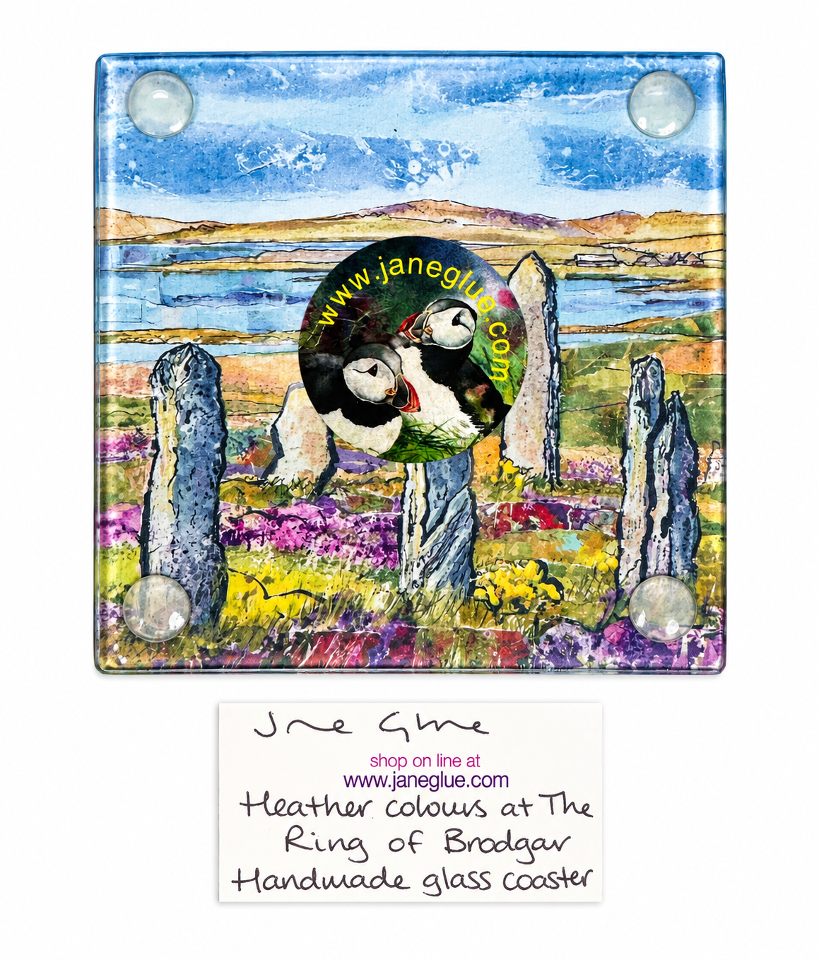 Glass coaster/Heather colours at The Ring of Brodgar