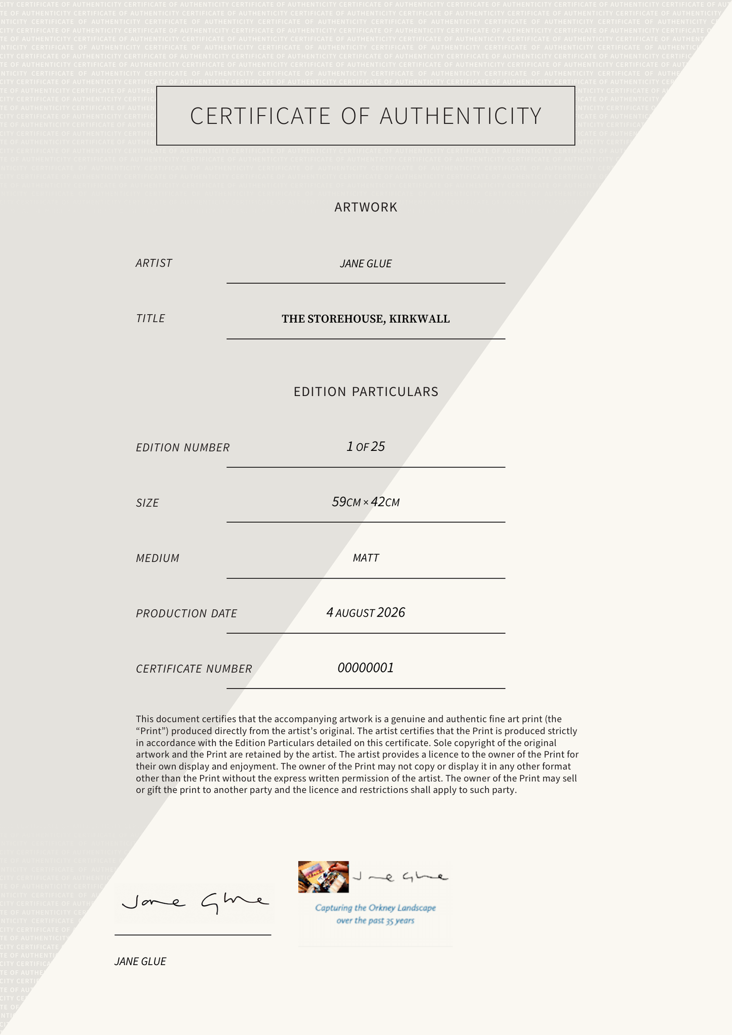 The Storehouse, Kirkwall — Certificate of Authenticity