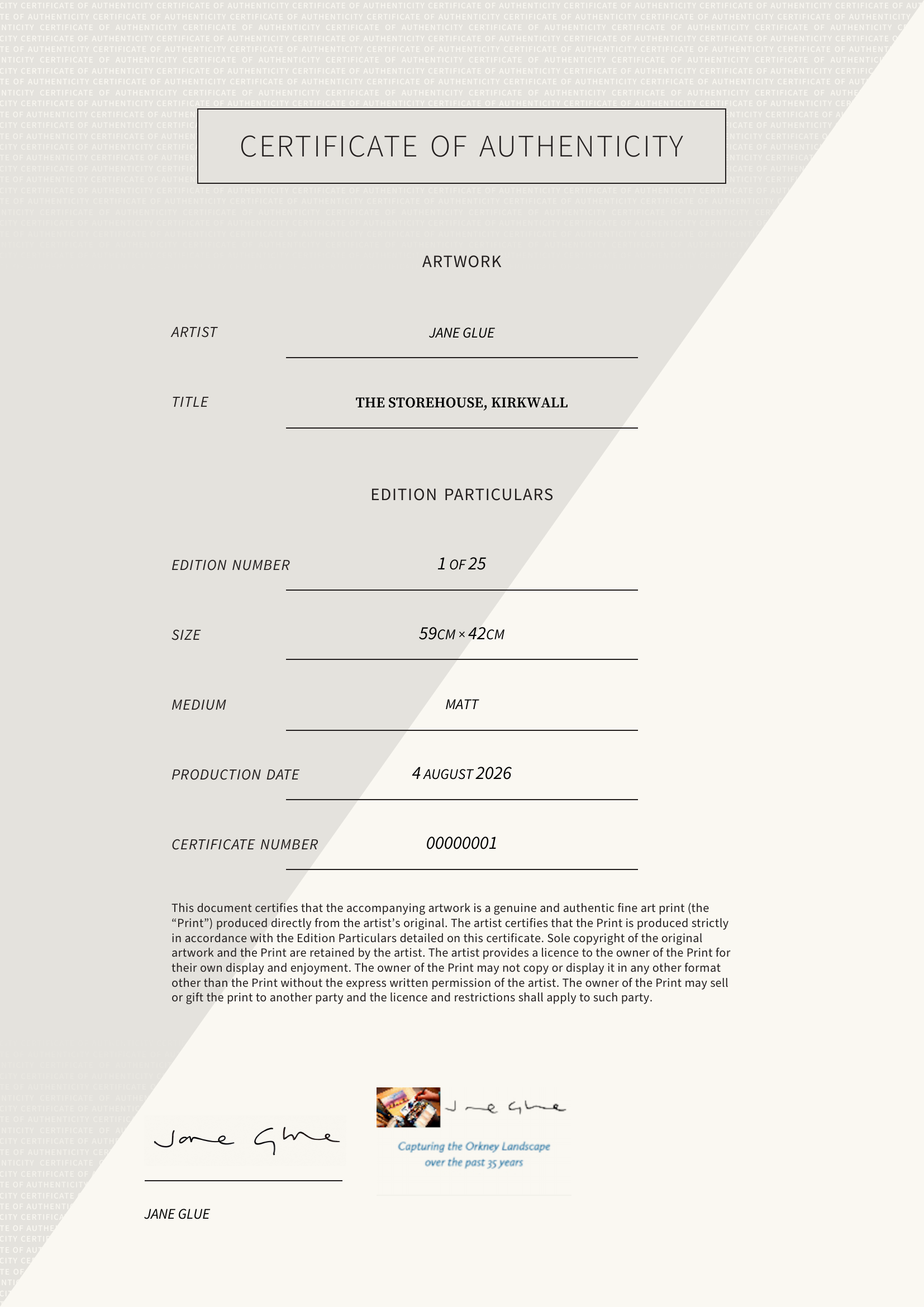 The Storehouse, Kirkwall — Certificate of Authenticity