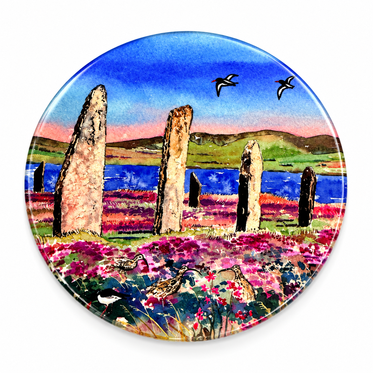 Ceramic coaster/ Oystercatchers and curlews at The Ring of Brodgar