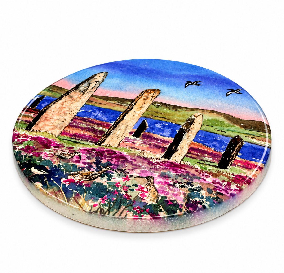 Ceramic coaster/ Oystercatchers and curlews at The Ring of Brodgar