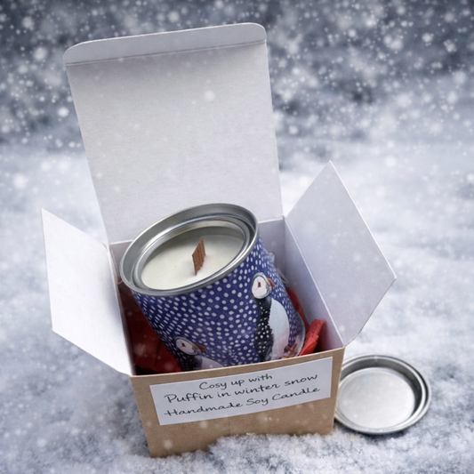 Small candle in a tin/Puffin in the snow