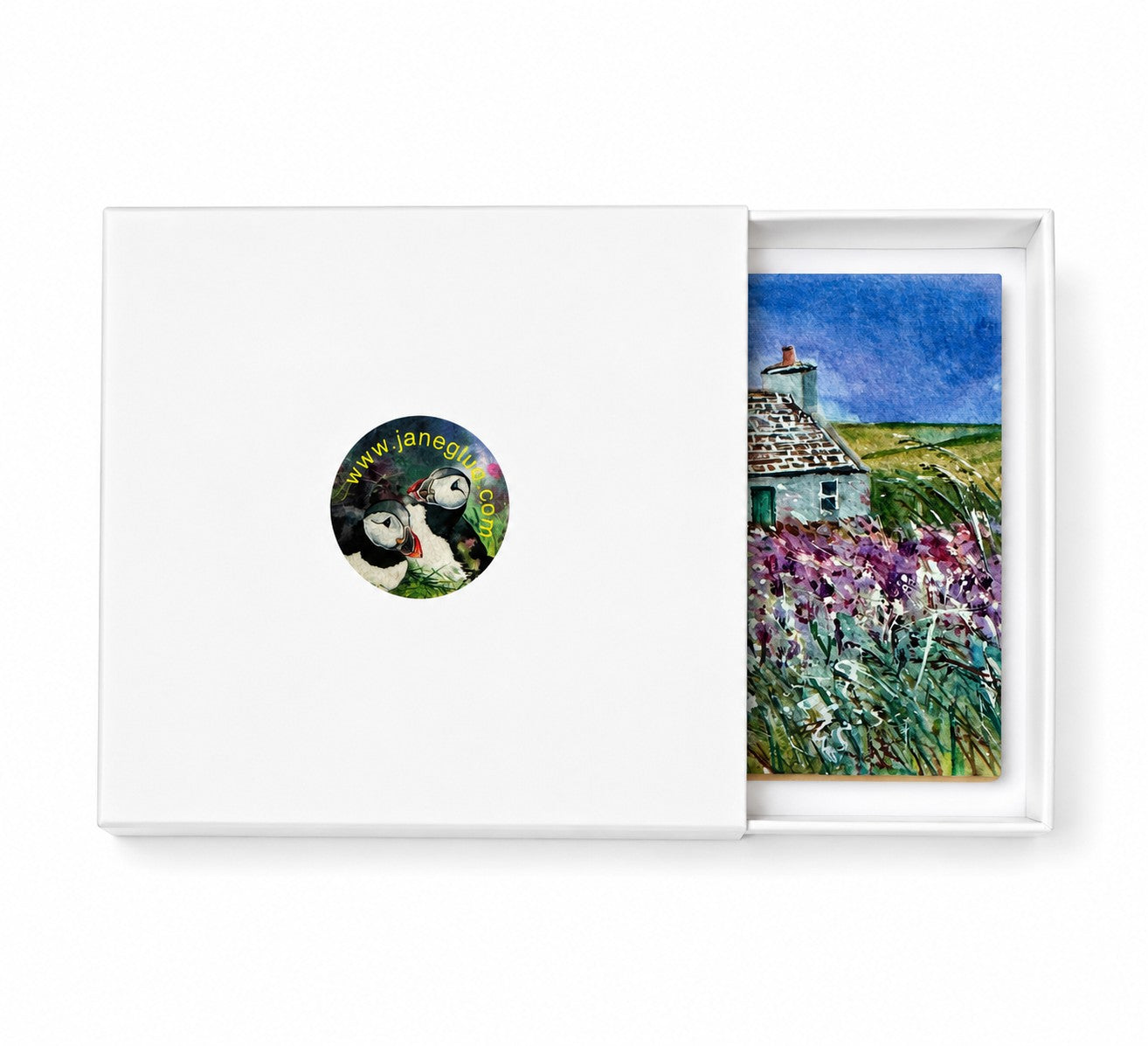 Small ceramic tile/Cottage and purple thistles, Westray