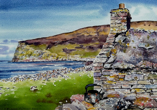 Hand finished print A3 size unframed/Old black kettle, Rackwick bay